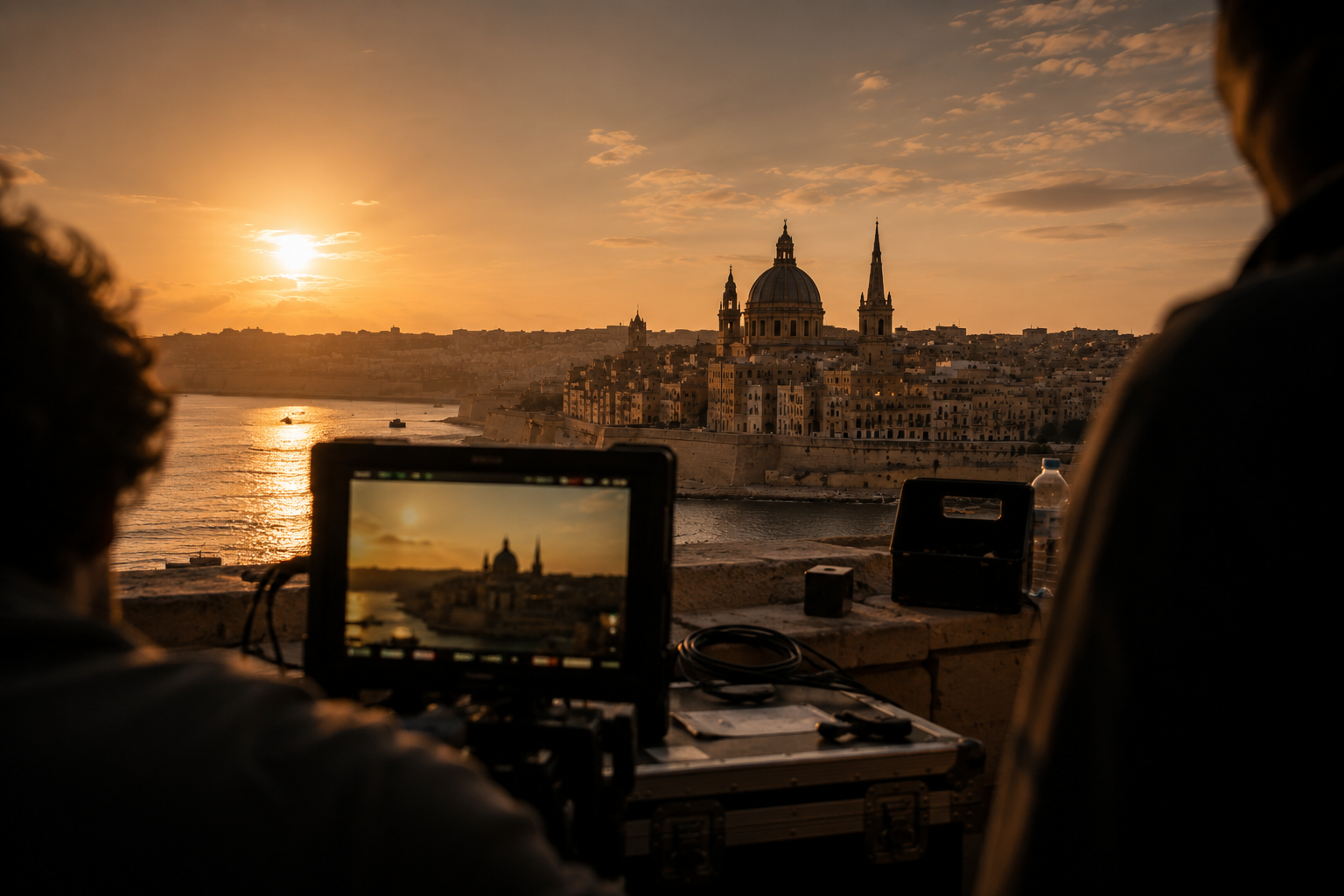 Film monitor framing Valletta's skyline at golden hour — Mediterranean production setup overlooking the harbour