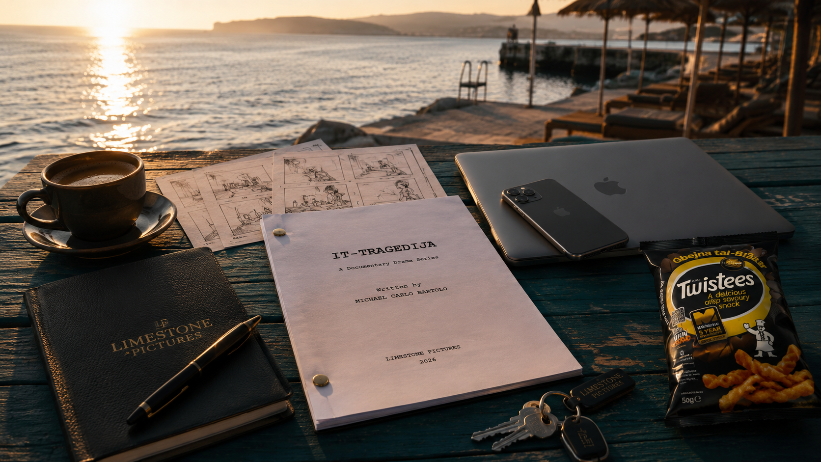 Screenplay, storyboards and Limestone Pictures notebook on a turquoise table overlooking the Maltese coast at golden hour