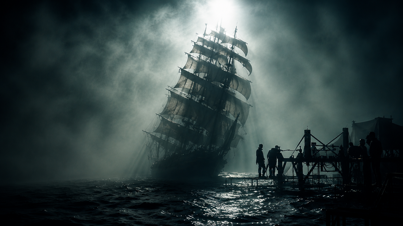 Tall ship at the Malta water tank, crew silhouettes against god rays