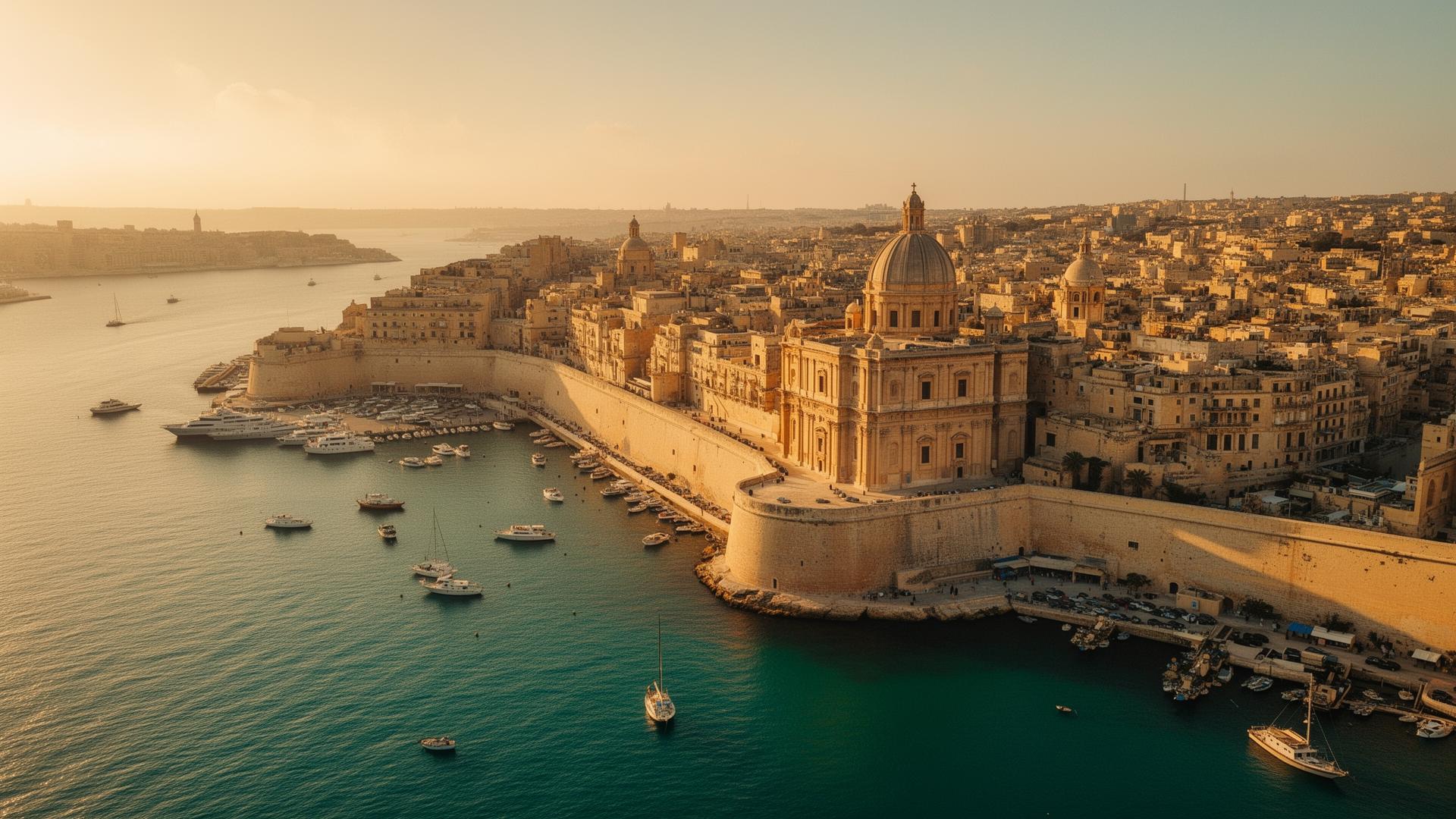 Aerial drone view of Valletta Harbour, Malta at golden hour — limestone baroque skyline, bastion walls and turquoise Mediterranean water